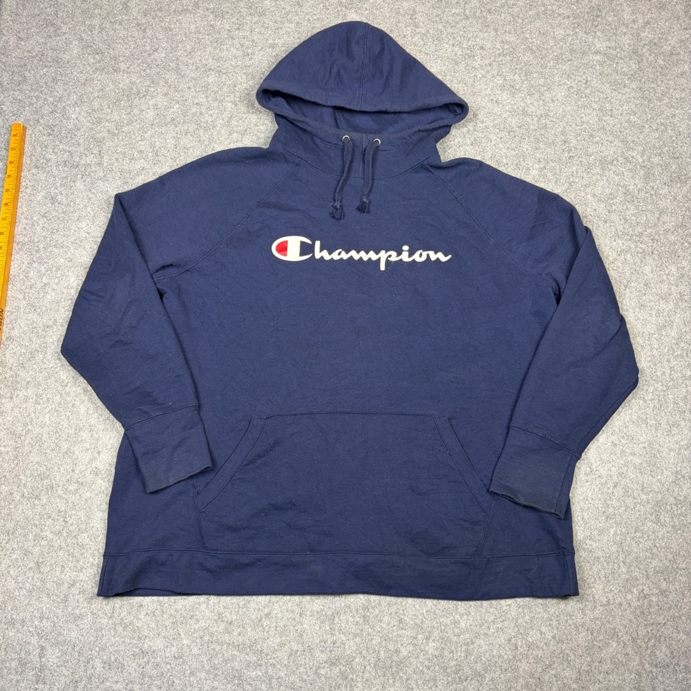 Champion Hoodie Mens 3X Navy Blue Script Logo Pullover Sweatshirt Raglan Sleeve
